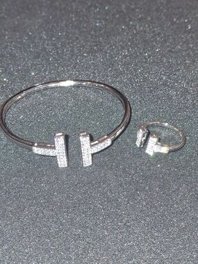 Silver Tone  Pavé T-Bar Bracelet and Ring Set - Sparkling Silver Plated Jewelry